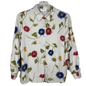 Vtg 80s Talbots 100% Linen Blouse Top Size 14 Beige Floral Classic Career USA